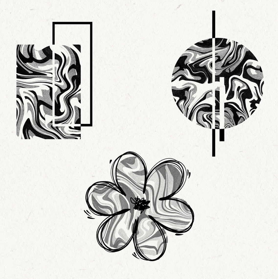 B&W drawing of geometric shapes and flower with a marble like texture