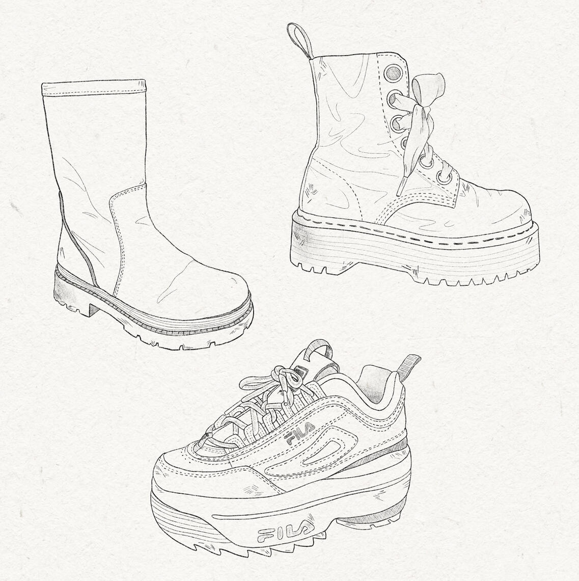 B&W fine line drawing of 3 different shoes